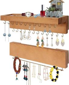 img 4 attached to 📿 Rustic 2PCS Jewelry Organizer Wall Mounted: 24 Hooks, Cosmetics Shelf, Removable Bracelet Rod - Wooden Wall Mount Holder