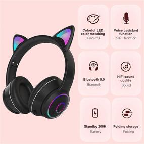 img 3 attached to 🐱 Kawaii LED Light Up Wireless Bluetooth Foldable Cat Ear Headphones for Kids with Microphone and Volume Control - Compatible with Smartphones, PC, Tablet (Black)