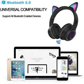 img 1 attached to 🐱 Kawaii LED Light Up Wireless Bluetooth Foldable Cat Ear Headphones for Kids with Microphone and Volume Control - Compatible with Smartphones, PC, Tablet (Black)