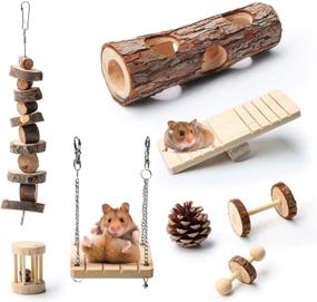 img 4 attached to 🐹 8-Piece Coolrunner Hamster Chew Toy Set with Dumbbell, Unicycle, Ball Swing, Hollow Tree Trunk, Pine Cones, Bell Roller, Seesaw, Molar String – Teeth Care Molar Toy Included