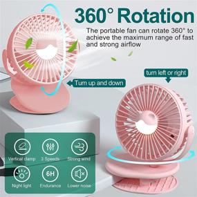 img 2 attached to 🎀 Portable Rechargeable Clip Fan with Light - USB Desktop Fan, 3 Speeds, Quiet Household Table Fans - Ideal for Home, Office, Dorm, Baby Stroller, Kitchen, Car, Treadmills (Pink)