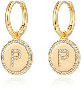 img 4 attached to Dainty 14K Gold Plated Sterling Silver Initial Earrings for Women - CZ Letter Huggie Hoop Earrings, Tiny Dangle Huggie Earrings for Teen Girls