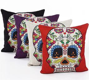 img 4 attached to L&J.ART 4-Pack 18'' Retro Floral Mexican Day of the Dead Sugar Skull Linen Pillow Cushion Covers with Vibrant Colors (Item Code: 4NS6)