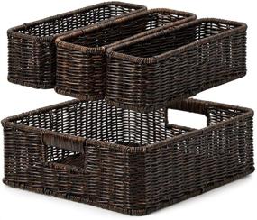 img 4 attached to 📦 Set of 4 Resin Woven Storage Baskets by EZOWare - Decorative Wicker Tray Drawer Organizer Bins for Bathroom, Kitchen, Living Room, Bedroom - 2 Sizes, Dark Brown