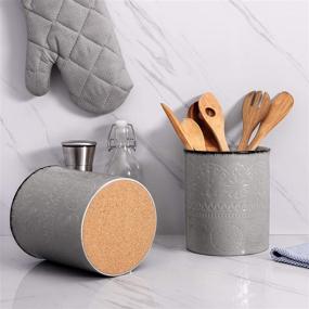 img 3 attached to 🍶 DOWAN 7.2” Large Ceramic Kitchen Utensil Holder: Stylish Gray Countertop Crock with Anti-Slip Cork Bottom