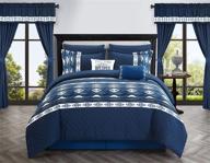 🛏️ chic home safforn 20 piece comforter set: king size navy bedding with color block geometric ikat embroidery - includes sheets, pillowcases, window treatments, and decorative pillows logo