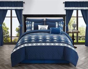 img 4 attached to 🛏️ Chic Home Safforn 20 Piece Comforter Set: King Size Navy Bedding with Color Block Geometric Ikat Embroidery - Includes Sheets, Pillowcases, Window Treatments, and Decorative Pillows