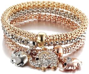 img 4 attached to 🌽 RINHOO 3PCS/Set Corn Chain Bracelet - Crystal Gold/Silver/Rose Gold - Multilayer Butterfly-Heart-Crown Charms - Stretch Bracelet for Women Girls Jewelry