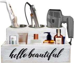 img 4 attached to Docoo Rustic White Hair Dryer Holder & Styling Tool Organizer – Bathroom Countertop & 💇 Vanity Caddy Stand for Blow Dryer, Straightener, Curling Iron – Hair Styling Station with Wood Storage