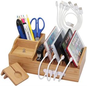 img 4 attached to 🔌 Pezin & Hulin Bamboo Charging Station: Multi-Device Organizer with 5 Charger Cables - Ideal for Phones, Tablets, and Office Desks, Wooden Docking Stations with Storage Box Stand for Pens, Keys, and Remotes