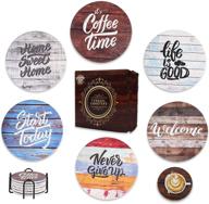 🍻 absorbent drink coasters with holder - 6pcs funny ceramic coasters with cork base, farmhouse cute cup coasters for coffee & wooden table decor, housewarming gift (rustic) logo