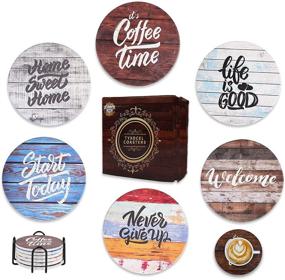 img 4 attached to 🍻 Absorbent Drink Coasters with Holder - 6pcs Funny Ceramic Coasters with Cork Base, Farmhouse Cute Cup Coasters for Coffee & Wooden Table Decor, Housewarming Gift (Rustic)