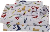 🚧 premium home collection kids 4-piece full size sheet set: construction tools in white, navy, red, yellow, and grey logo