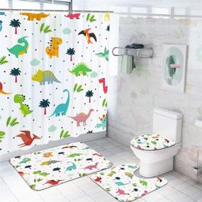 img 4 attached to 🦖 4-Piece Cartoon Dinosaur Shower Curtain Set with Anti-Slip Rugs, Toilet Lid Cover, and Bath Mat - Adorable Kids Bath Curtain | 12 Hooks, Long-Lasting Waterproof Fabric Shower Curtain for Kids