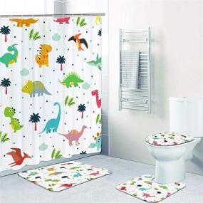 img 3 attached to 🦖 4-Piece Cartoon Dinosaur Shower Curtain Set with Anti-Slip Rugs, Toilet Lid Cover, and Bath Mat - Adorable Kids Bath Curtain | 12 Hooks, Long-Lasting Waterproof Fabric Shower Curtain for Kids