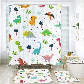 img 2 attached to 🦖 4-Piece Cartoon Dinosaur Shower Curtain Set with Anti-Slip Rugs, Toilet Lid Cover, and Bath Mat - Adorable Kids Bath Curtain | 12 Hooks, Long-Lasting Waterproof Fabric Shower Curtain for Kids