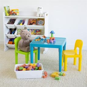 img 1 attached to 🪑 Humble Crew, Aqua & Green/Yellow Lightweight Plastic Toddler Table Set with 2 Chairs, Square Design