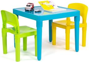 img 4 attached to 🪑 Humble Crew, Aqua & Green/Yellow Lightweight Plastic Toddler Table Set with 2 Chairs, Square Design