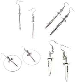 img 4 attached to 🗡️ Vintage Silver Punk Sword Statement Earrings for Women Girls - 4 Pairs Long Sword Hook Earrings, Unique Retro Gothic Knife Dangle Drop Earrings, Gothic Vine Wrapped Hypoallergenic Sword Earrings