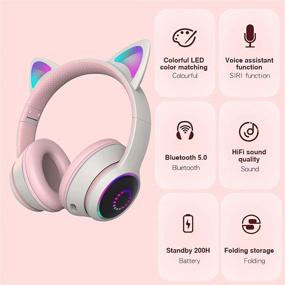 img 2 attached to 🎧 Wireless Cat Ear Headphones with LED Lights - Foldable Bluetooth Over Ear Headphones for Kids, with Microphone, Volume Control - Compatible with Smartphones, PC, Tablet - Kawaii Design (Grey)
