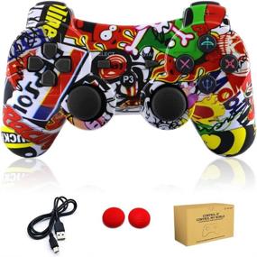 img 4 attached to 🎮 Wireless Dualshock PS3 Controller - Gamepad for Sony Playstation 3 Bluetooth Games, Remote with Sixaxis Joystick & Charging Cable (Graffiti Design)