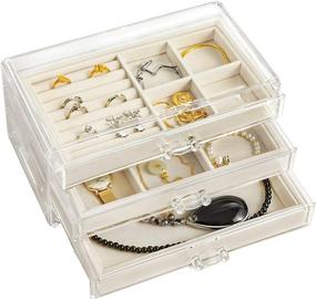 img 4 attached to 📿 Hblife Clear Acrylic Velvet Jewelry Box Organizer with 3 Drawers - Stylish Display Case for Women's Rings, Earrings, Necklaces, and Bracelets in Beige