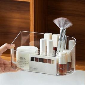 img 4 attached to 💄 LINFIDITE Makeup Tray Organizer - Lipgloss, Cosmetic, and Bathroom Cabinet Storage Tray with Dividers and 9 Compartments for Beauty Essentials - Crystal Clear Display Case