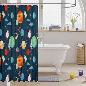 img 2 attached to 🚀 Kids Cartoon Astronaut Rocket Outer Space Shower Curtain Set for Boys Girls - Moon, Stars, and Universe Planets Waterproof Curtains - 72x72 Inch - Ideal for Bathroom Decor