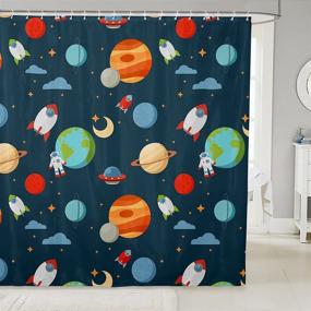 img 4 attached to 🚀 Kids Cartoon Astronaut Rocket Outer Space Shower Curtain Set for Boys Girls - Moon, Stars, and Universe Planets Waterproof Curtains - 72x72 Inch - Ideal for Bathroom Decor