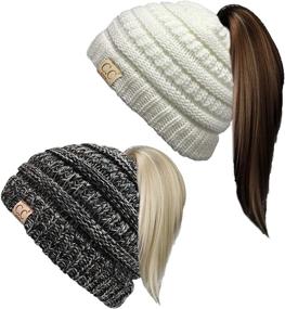 img 4 attached to 🎀 Funky Junque Ribbed BeanieTail Kids Messy Bun Hat - Solid Color Ponytail Beanie