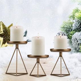 img 3 attached to 🕯️ Bikoney Candle Holder Set for Home Decor Christmas Decorations Wedding Dinning Party: Metal Geometric Pillar Candle Stand Accommodates Candles of Different Sizes, 3-Piece Set in Bronze