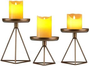img 4 attached to 🕯️ Bikoney Candle Holder Set for Home Decor Christmas Decorations Wedding Dinning Party: Metal Geometric Pillar Candle Stand Accommodates Candles of Different Sizes, 3-Piece Set in Bronze