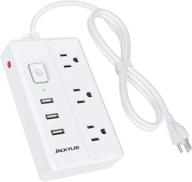 💡 jackyled desktop power strip with 3 outlets, 3 usb ports, and 5 ft extension cord for home office charging multiple devices, travel dorm rv camper essentials - white logo