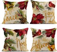 🎄 rouihot linen throw pillow covers: christmas watercolor poinsettia cardinal home decor - set of 4, 16x16 inch, square cushion covers for sofa bed couch car логотип