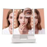 💄 fascinate tri fold lighted makeup mirror: 1x/10x magnification vanity mirror with large storage case, dimmable lights, touch screen cosmetic mirror, dual power supply - white логотип