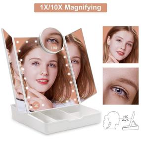 img 2 attached to 💄 FASCINATE Tri Fold Lighted Makeup Mirror: 1X/10X Magnification Vanity Mirror with Large Storage Case, Dimmable Lights, Touch Screen Cosmetic Mirror, Dual Power Supply - White
