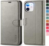 tucch iphone 12 pro wallet case, rfid blocking card slot stand, shockproof tpu interior, pu leather magnetic flip cover for iphone 12 pro/12 6.1-inch, grey logo