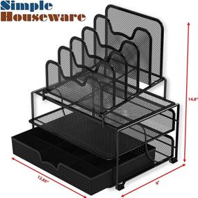 img 1 attached to 🗄️ Black Mesh Desk Organizer with Sliding Drawer, Double Tray, and 5 Stackable Sorter Sections by SimpleHouseware