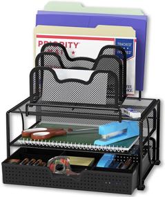 img 4 attached to 🗄️ Black Mesh Desk Organizer with Sliding Drawer, Double Tray, and 5 Stackable Sorter Sections by SimpleHouseware