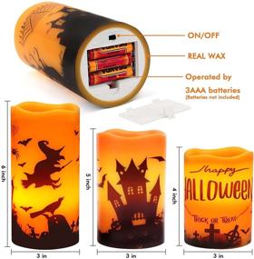 img 1 attached to 🕯️ BRIGHTFUN Halloween Flameless Flickering LED Candles: Real Wax Pillar Set of 3 with Castle, Witch, and Bats Decal - Battery Operated, Warm Light - Perfect for Home Decoration