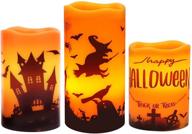 🕯️ brightfun halloween flameless flickering led candles: real wax pillar set of 3 with castle, witch, and bats decal - battery operated, warm light - perfect for home decoration логотип