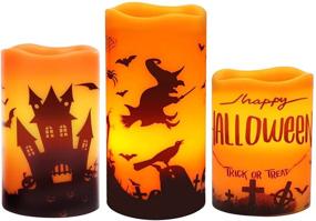 img 4 attached to 🕯️ BRIGHTFUN Halloween Flameless Flickering LED Candles: Real Wax Pillar Set of 3 with Castle, Witch, and Bats Decal - Battery Operated, Warm Light - Perfect for Home Decoration