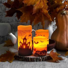 img 2 attached to 🕯️ BRIGHTFUN Halloween Flameless Flickering LED Candles: Real Wax Pillar Set of 3 with Castle, Witch, and Bats Decal - Battery Operated, Warm Light - Perfect for Home Decoration