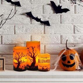 img 3 attached to 🕯️ BRIGHTFUN Halloween Flameless Flickering LED Candles: Real Wax Pillar Set of 3 with Castle, Witch, and Bats Decal - Battery Operated, Warm Light - Perfect for Home Decoration