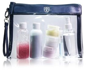 img 3 attached to 🧳 TSA Approved Clear Toiletry Bag with 7 Bottles (max.3.38oz) - Liquid Travel Set - Transparent Zipper Bag for Cosmetics - Plastic PVC Airport Security Luggage Organizer Pouch, Wash Kit TRAVANDO (Blue)