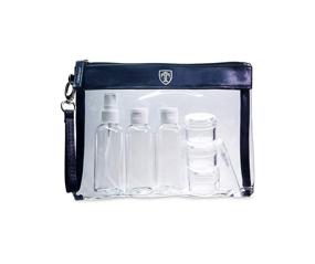 img 4 attached to 🧳 TSA Approved Clear Toiletry Bag with 7 Bottles (max.3.38oz) - Liquid Travel Set - Transparent Zipper Bag for Cosmetics - Plastic PVC Airport Security Luggage Organizer Pouch, Wash Kit TRAVANDO (Blue)