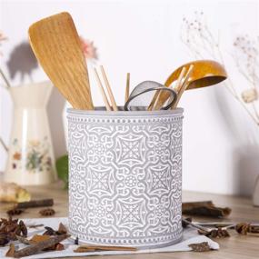 img 2 attached to 🏡 Farmhouse Decor Utensil Caddy - Kitchen Cooking Utensil Holder with Fine Embossed Cement Finish - Organize Kitchenware and Flatware in Cement Utensil Container - Pattern 2