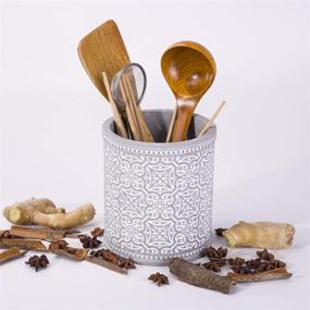 img 1 attached to 🏡 Farmhouse Decor Utensil Caddy - Kitchen Cooking Utensil Holder with Fine Embossed Cement Finish - Organize Kitchenware and Flatware in Cement Utensil Container - Pattern 2