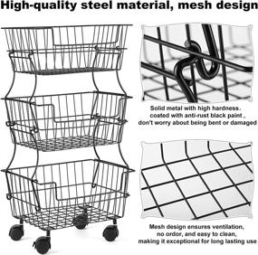 img 3 attached to 🥦 Трехъярусная съемная тележка для хранения фруктов и овощей - черная проволочная фруктовая корзина на колесиках для кухонного стола, кладовой, спальни, ванной.