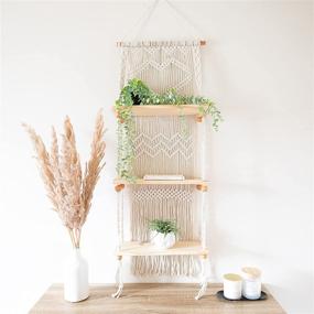 img 3 attached to SnugLife Macrame Wall Hanging Shelf - Boho 3 Tier Rope Shelves for Kitchen, Bathroom, and Home Storage - Handmade Woven Organizer Hanger with Pine Wood - Floating Indoor Plant Wall Shelf